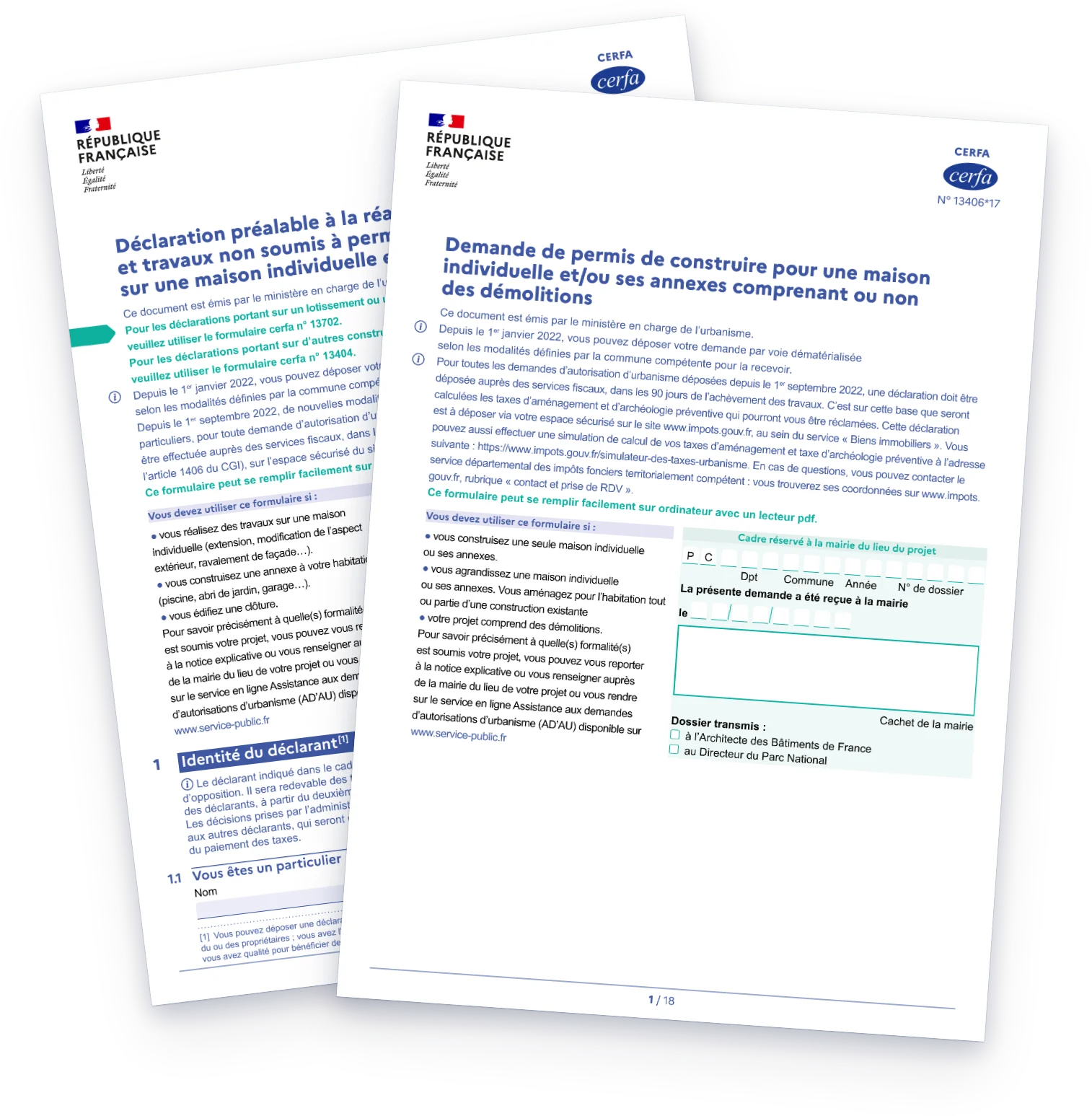 Premières pages des formulaires cerfa de déclaration préalable et de permis de construire