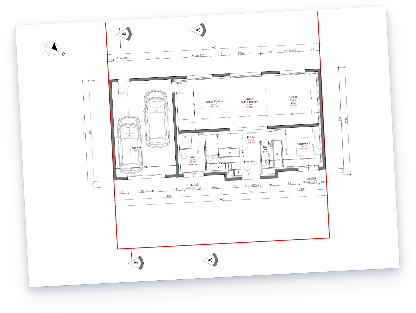 Plan du rez-de-chaussée d'une maison individuelle, dessiné pour un permis de construire