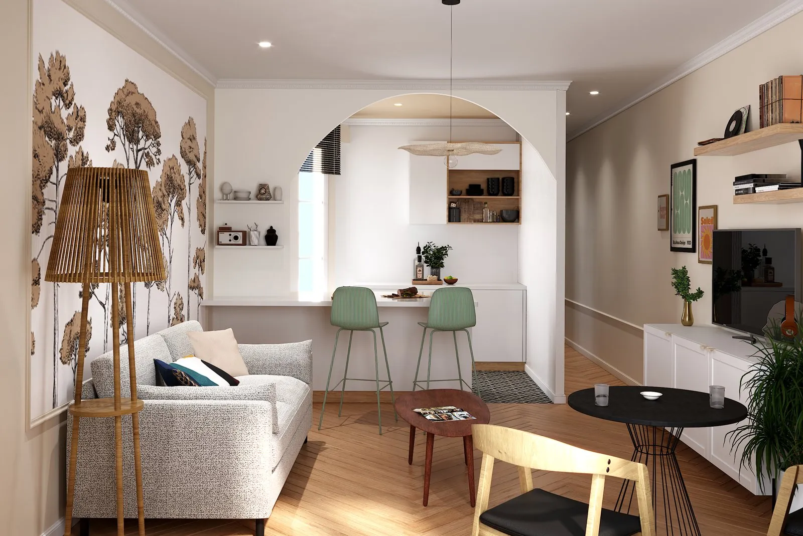 Rendu 3D du séjour avec cuisine ouverte sous une arche