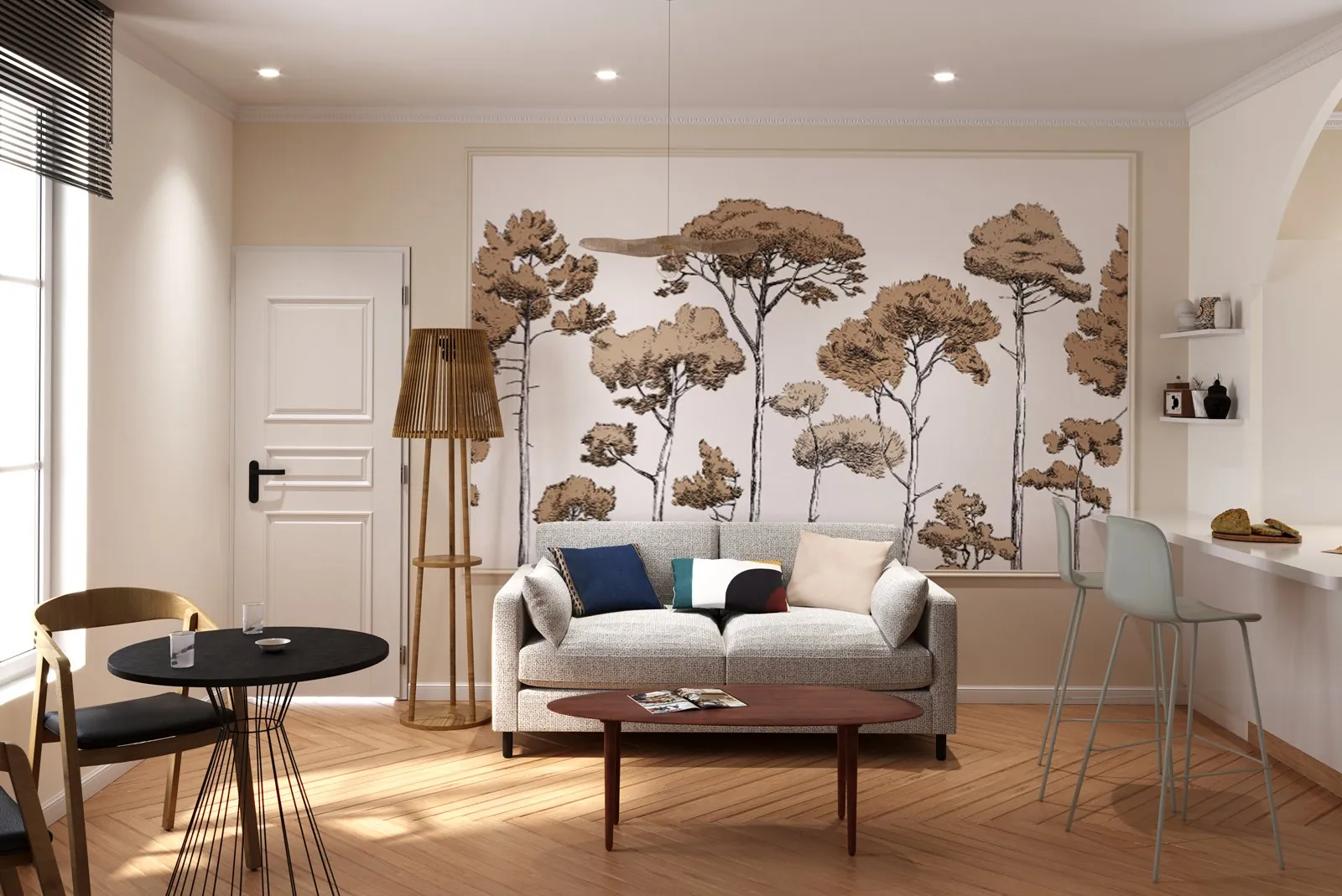 Rendu 3D du salon, canapé devant un panoramique d'arbres