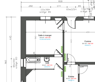 Extrait d'un plan de l'existant coté, avec surfaces et hauteurs sous plafond