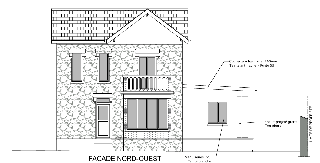 Façade nord-ouest avec l'extension projetée, dessin technique